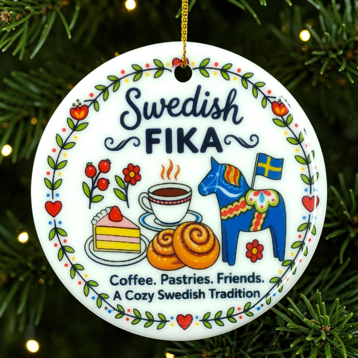 Round ornament with Swedish Fika designs, including coffee, pastries, cake, blue horse, Swedish flag, and flowers, hanging on a Christmas tree.