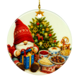 Scandinavian Christmas ornament showing a tomte with a red hat by a tree, opening a gift, surrounded by festive foods and Swedish holiday decor elements.