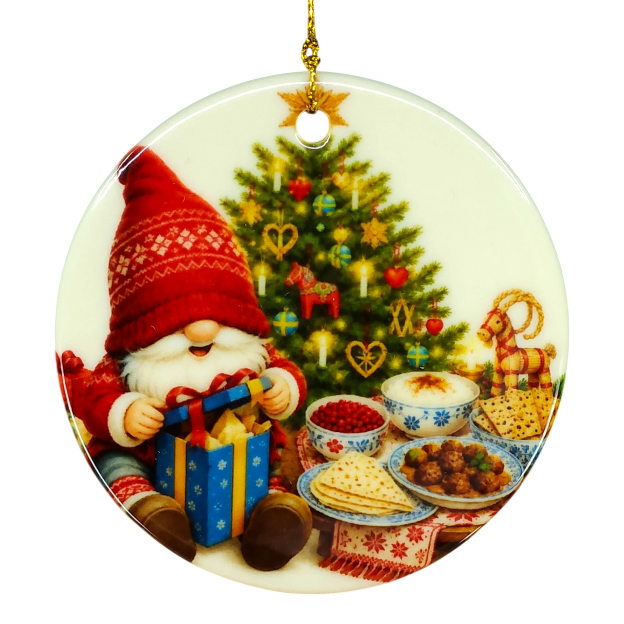 Scandinavian Christmas ornament showing a tomte with a red hat by a tree, opening a gift, surrounded by festive foods and Swedish holiday decor elements.