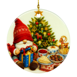 Scandinavian Christmas ornament showing a tomte with a red hat by a tree, opening a gift, surrounded by festive foods and Swedish holiday decor elements.