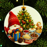 Round Swedish ornament featuring a gnome in a red hat by a Christmas tree, holding a gift, with holiday food on a table beside him.