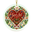Ceramic Nordic ornament with a red heart, floral accents, “God Jul” at the center, and two small Norwegian flags below in traditional folk art style.