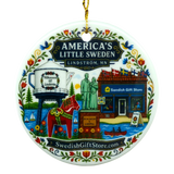 Round ornament featuring a water tower, Dala horse, store, and floral patterns. “SwedishGiftStore.com” is printed on the design.