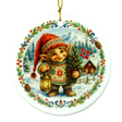 Round ornament with a gnome in a red hat holding a lantern next to a tree, snowy cabin, Norwegian flag, and pinecones. Scandinavian holiday design.