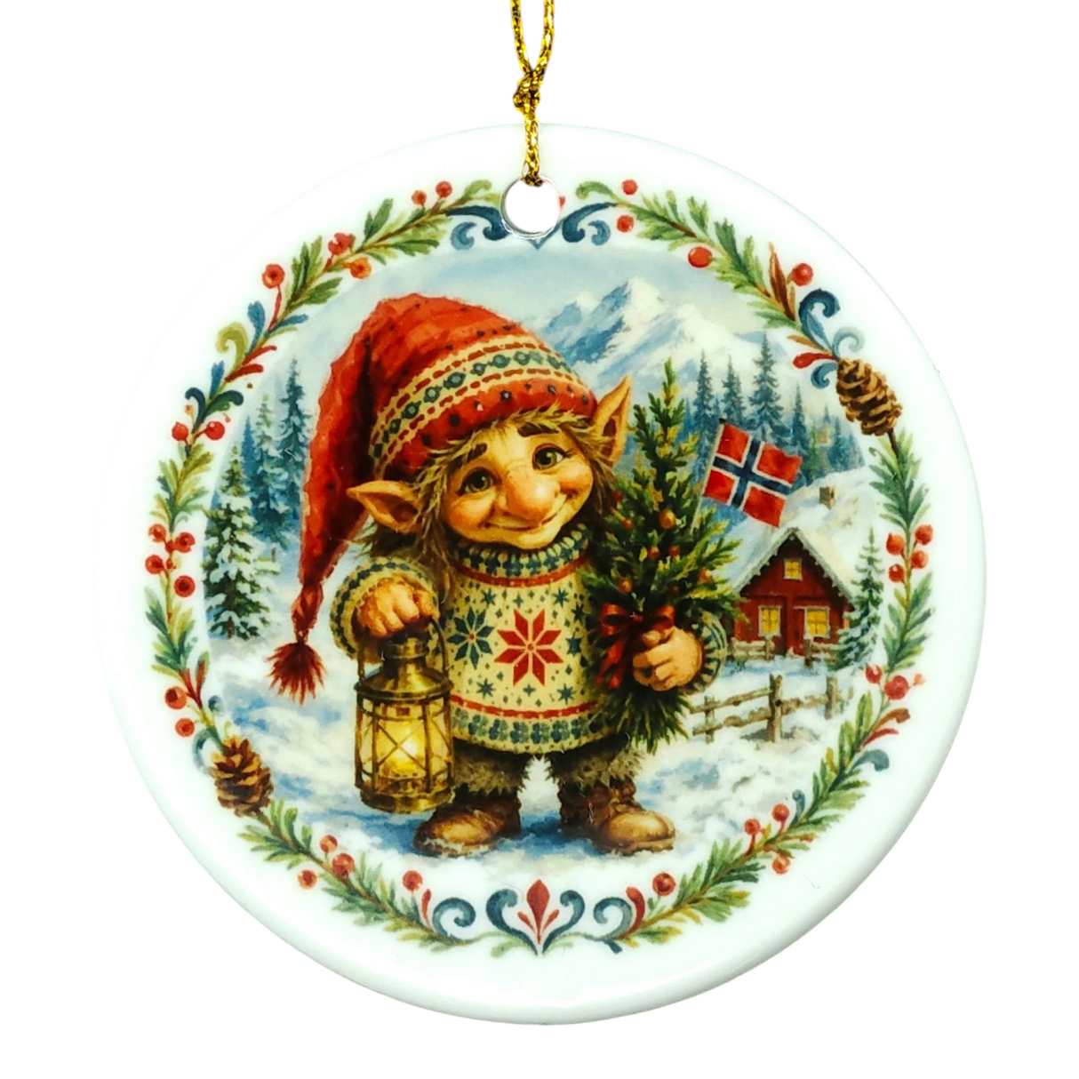 Round ornament with a gnome in a red hat holding a lantern next to a tree, snowy cabin, Norwegian flag, and pinecones. Scandinavian holiday design.