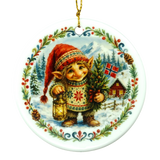 Round ornament with a gnome in a red hat holding a lantern next to a tree, snowy cabin, Norwegian flag, and pinecones. Scandinavian holiday design.