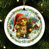 Scandinavian Christmas decoration showing a gnome in a red hat holding a lantern and tree, with a snowy house and visible Norwegian flag in the background.