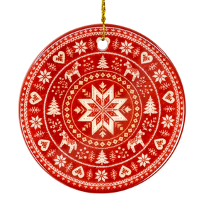 Round red Nordic ornament featuring white snowflake, reindeer, and tree patterns, hanging from a gold string.
