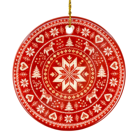 Round red Nordic ornament featuring white snowflake, reindeer, and tree patterns, hanging from a gold string.