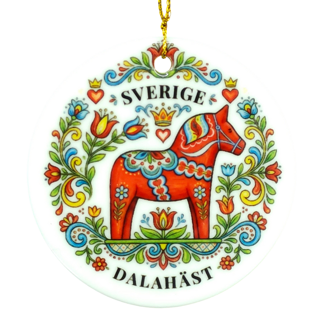 Round ornament showing a red Dala horse with colorful floral designs, the word SVERIGE above and DALAHÄST below.
