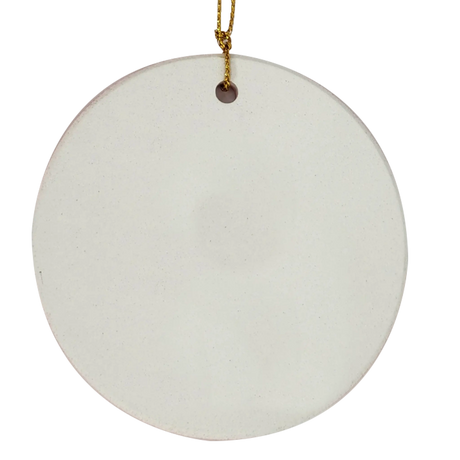 A round, flat, white ceramic Viking Ship Ornament (2.875" diameter) by Nordic Wholesale, featuring a small hole at the top threaded with a gold string and displayed against a plain white background.