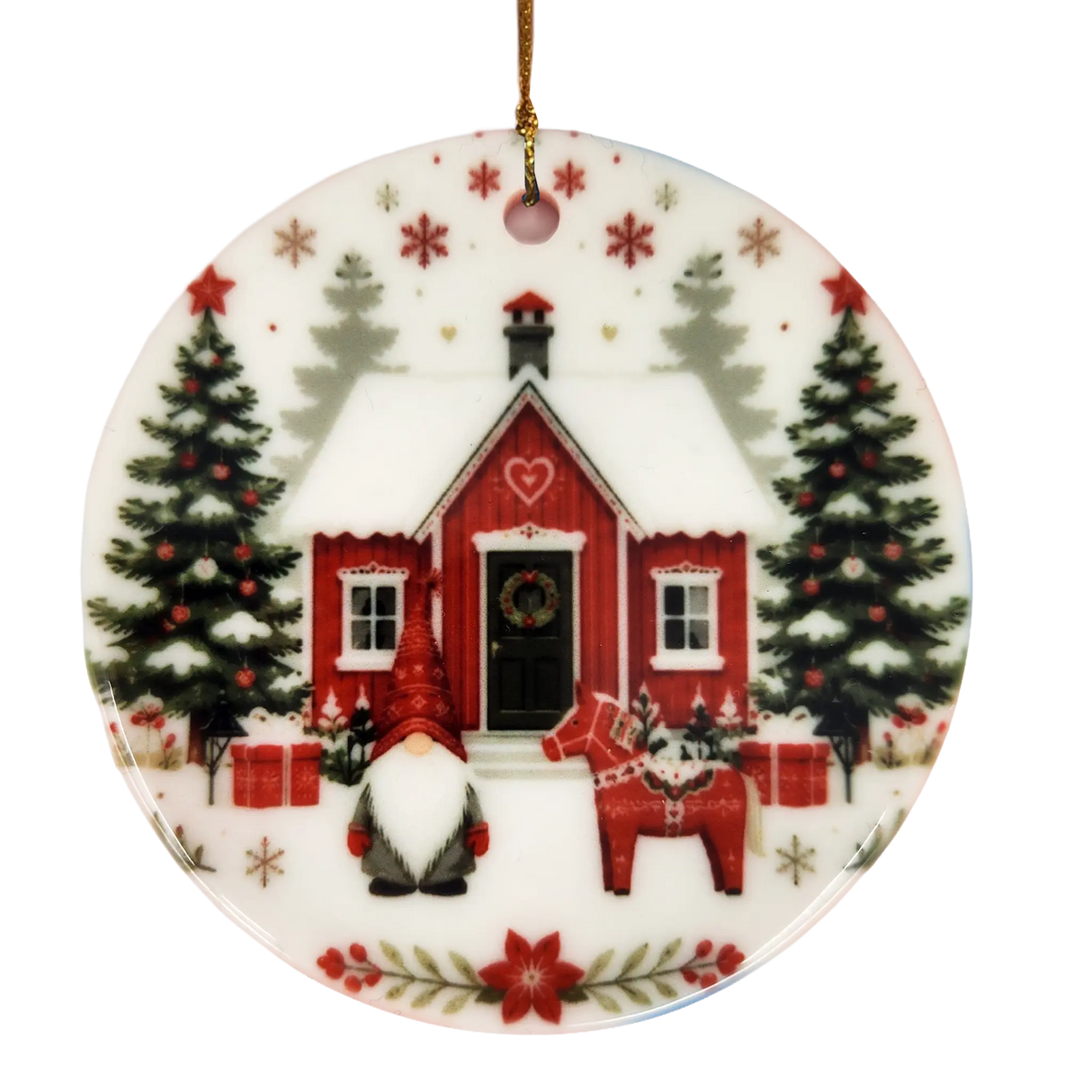 Bring Nordic charm to your holiday décor with the Ornament: Winter Cottage with Tomte and Dala Horse Ceramic Ornament from Nordic Wholesale. This round ceramic keepsake features a red house, Christmas trees, a cheerful gnome, a festive red Dala horse, presents, and delicate snowflakes on a white background adorned with vibrant red and green accents. Complete with a gold string for easy hanging, it’s the perfect Swedish Christmas decoration for adding Scandinavian style to your festivities.