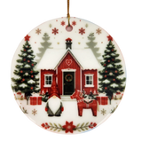 Bring Nordic charm to your holiday décor with the Ornament: Winter Cottage with Tomte and Dala Horse Ceramic Ornament from Nordic Wholesale. This round ceramic keepsake features a red house, Christmas trees, a cheerful gnome, a festive red Dala horse, presents, and delicate snowflakes on a white background adorned with vibrant red and green accents. Complete with a gold string for easy hanging, it’s the perfect Swedish Christmas decoration for adding Scandinavian style to your festivities.