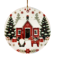 Ornament: Winter Cottage with Tomte and Dala Horse Ceramic Ornament