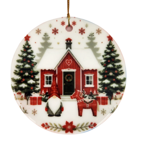 Bring Nordic charm to your holiday décor with the Ornament: Winter Cottage with Tomte and Dala Horse Ceramic Ornament from Nordic Wholesale. This round ceramic keepsake features a red house, Christmas trees, a cheerful gnome, a festive red Dala horse, presents, and delicate snowflakes on a white background adorned with vibrant red and green accents. Complete with a gold string for easy hanging, it’s the perfect Swedish Christmas decoration for adding Scandinavian style to your festivities.