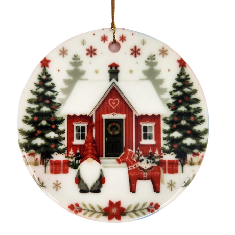 Bring Nordic charm to your holiday décor with the Ornament: Winter Cottage with Tomte and Dala Horse Ceramic Ornament from Nordic Wholesale. This round ceramic keepsake features a red house, Christmas trees, a cheerful gnome, a festive red Dala horse, presents, and delicate snowflakes on a white background adorned with vibrant red and green accents. Complete with a gold string for easy hanging, it’s the perfect Swedish Christmas decoration for adding Scandinavian style to your festivities.