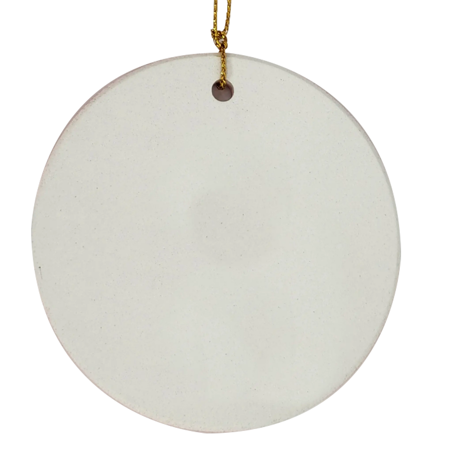 A round, white ceramic ornament from Nordic Wholesale, titled "Ornament: Winter Cottage with Tomte and Dala Horse," features a small hole at the top threaded with a gold string for hanging. This simple yet elegant Nordic ornament serves as a timeless ceramic holiday keepsake and is beautifully photographed against a white background.