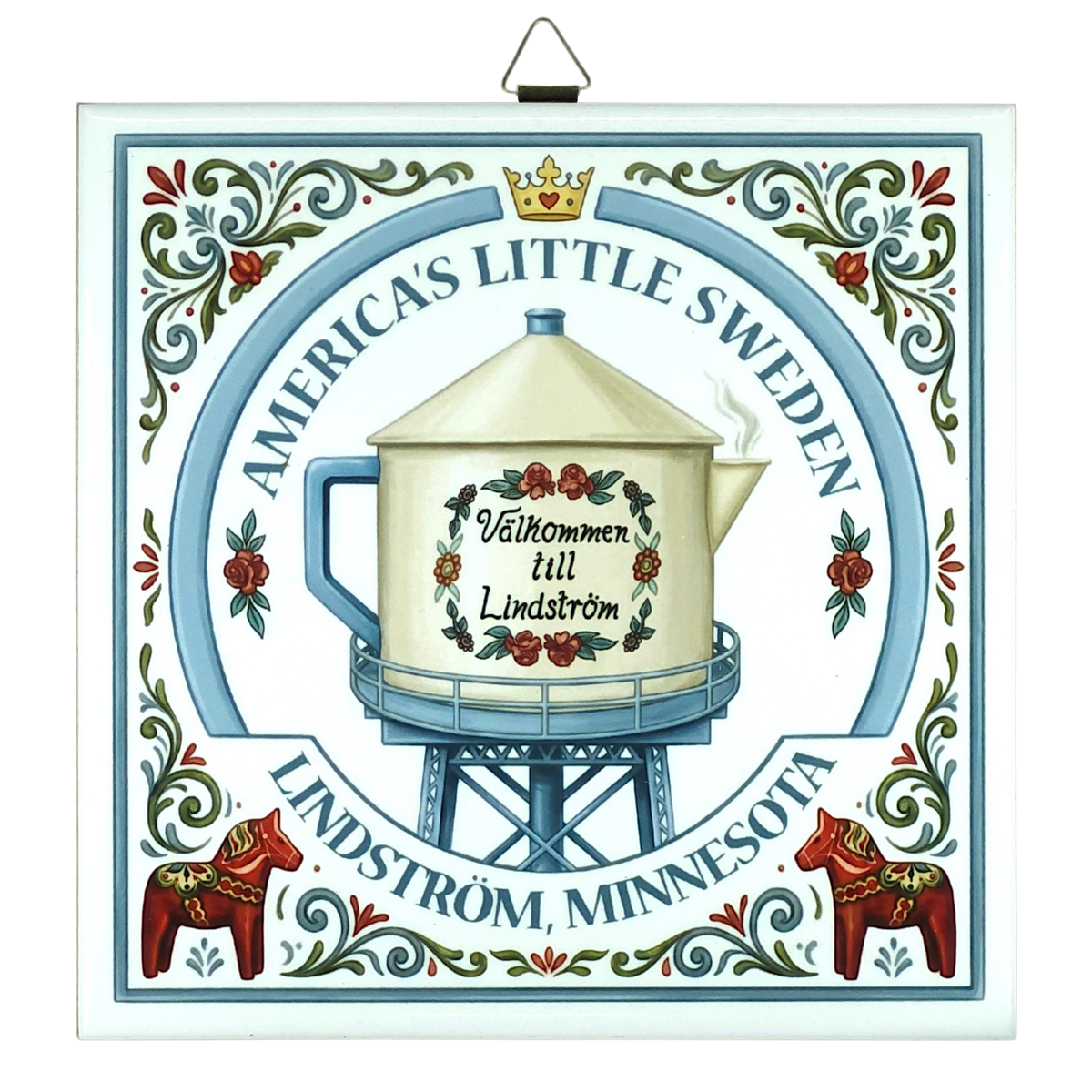 Decorative sign with Lindstrom teapot water tower, Swedish folk art patterns, floral motifs, Dala horses, and text: Americas Little Sweden, Välkommen till Lindström.