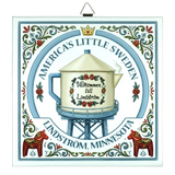 Decorative sign with Lindstrom teapot water tower, Swedish folk art patterns, floral motifs, Dala horses, and text: Americas Little Sweden, Välkommen till Lindström.