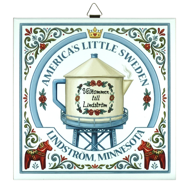 Decorative sign with Lindstrom teapot water tower, Swedish folk art patterns, floral motifs, Dala horses, and text: Americas Little Sweden, Välkommen till Lindström.