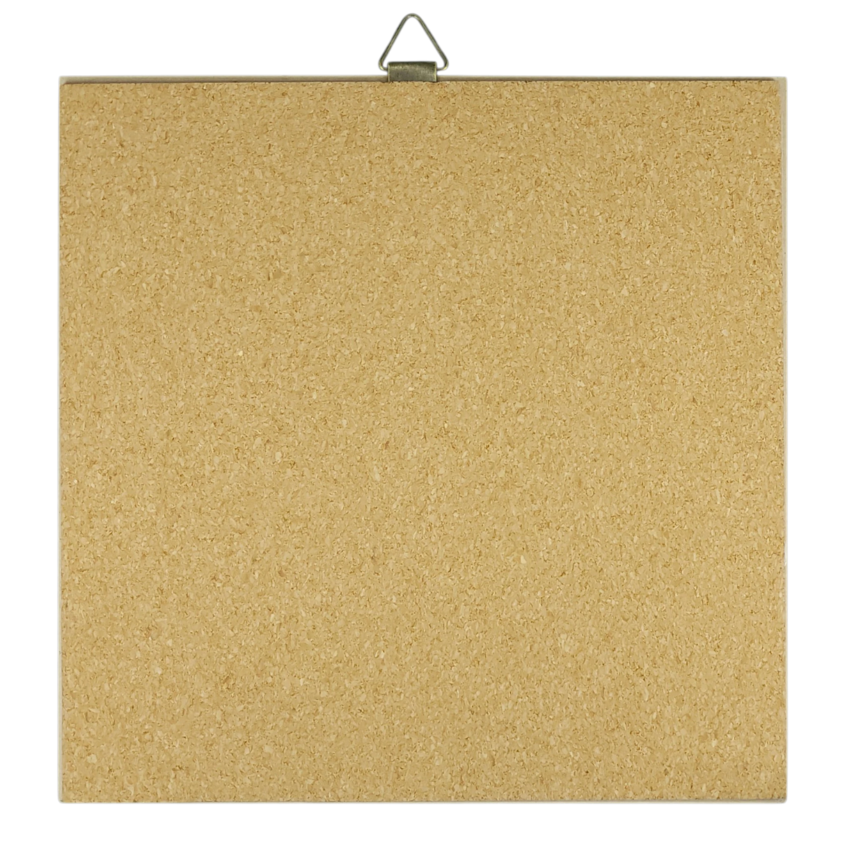 Square corkboard with a metal hanging hook at the top, displayed against a white background.