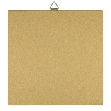 Square corkboard with a metal hanging hook at the top, displayed against a white background.