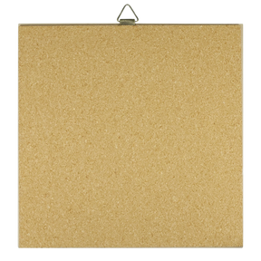 Square corkboard with a metal hanging hook at the top, displayed against a white background.