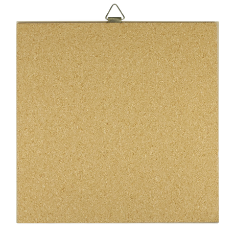 Square corkboard with a metal hanging hook at the top, displayed against a white background.