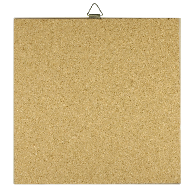 Square corkboard with a metal hanging hook at the top, displayed against a white background.