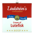 Ceramic wall tile styled like a red and white soup can label; text reads Lindströms Condensed Extra Chunky Cream of Lutefisk Soup, with a gold medal and three fish.