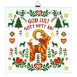 Scandinavian holiday decor featuring a Swedish Julbock with red ribbon, surrounded by hearts, flowers, trees, and reindeer. Text: God Jul! Gott Nytt År!.