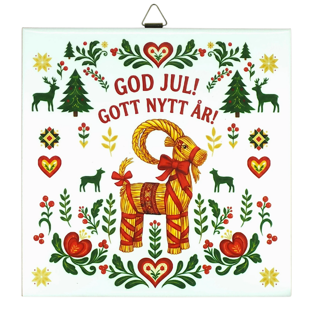 Scandinavian holiday decor featuring a Swedish Julbock with red ribbon, surrounded by hearts, flowers, trees, and reindeer. Text: God Jul! Gott Nytt År!.