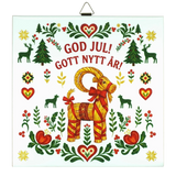 Scandinavian holiday decor featuring a Swedish Julbock with red ribbon, surrounded by hearts, flowers, trees, and reindeer. Text: God Jul! Gott Nytt År!.