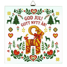 Scandinavian holiday decor featuring a Swedish Julbock with red ribbon, surrounded by hearts, flowers, trees, and reindeer. Text: God Jul! Gott Nytt År!.