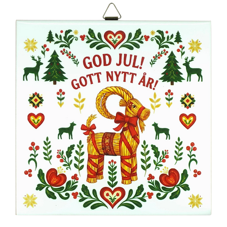 Scandinavian holiday decor featuring a Swedish Julbock with red ribbon, surrounded by hearts, flowers, trees, and reindeer. Text: God Jul! Gott Nytt År!.