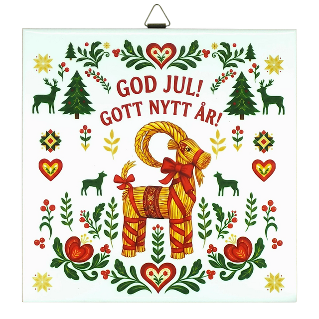 Scandinavian holiday decor featuring a Swedish Julbock with red ribbon, surrounded by hearts, flowers, trees, and reindeer. Text: God Jul! Gott Nytt År!.