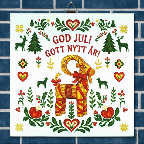 Sign with a straw Swedish Julbock, red hearts, green trees, and floral designs. Text in Swedish reads “God Jul! Gott Nytt År!” on a light background.