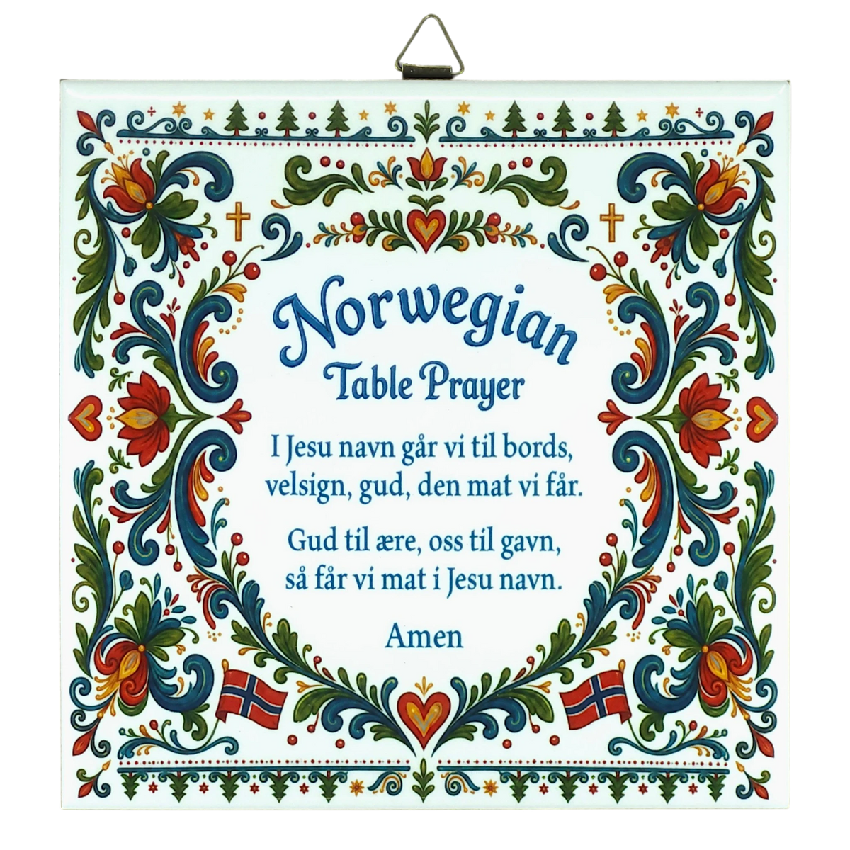 Ceramic wall tile featuring floral rosemaling patterns, Norwegian flags, and a Norwegian Table Prayer in blue text on a white background.