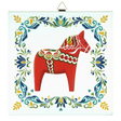 Square ceramic tile featuring a red Swedish Dala horse with colorful accents, centered and bordered by ornate Nordic floral patterns.