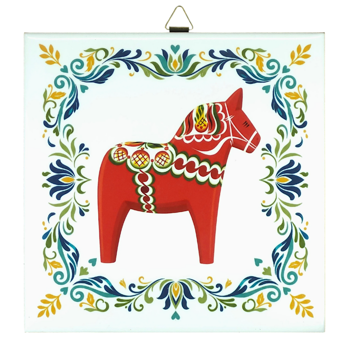 Square ceramic tile featuring a red Swedish Dala horse with colorful accents, centered and bordered by ornate Nordic floral patterns.