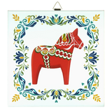 Square ceramic tile featuring a red Swedish Dala horse with colorful accents, centered and bordered by ornate Nordic floral patterns.