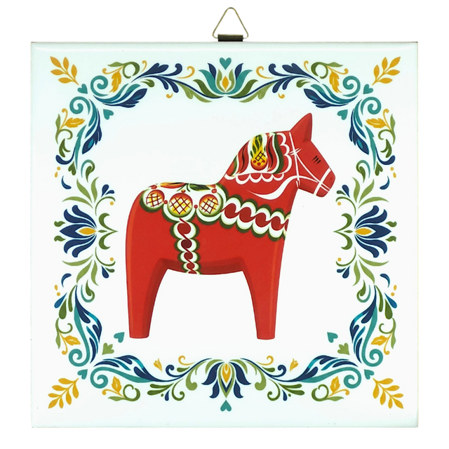 Square ceramic tile featuring a red Swedish Dala horse with colorful accents, centered and bordered by ornate Nordic floral patterns.