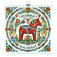 Ceramic tile with a central Swedish Dala horse, surrounded by colorful Nordic floral motifs and the words “Sverige” and “Dalahäst” on the border.