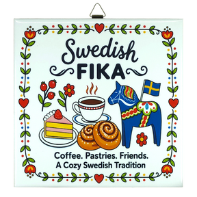 Ceramic tile featuring coffee, cake, pastries, a Swedish Dala horse, and the visible text: Swedish Fika. Coffee. Pastries. Friends.