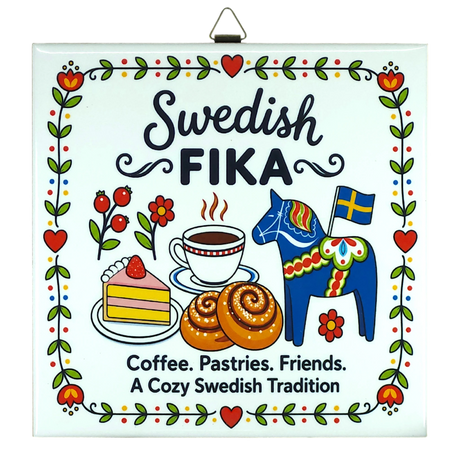 Ceramic tile featuring coffee, cake, pastries, a Swedish Dala horse, and the visible text: Swedish Fika. Coffee. Pastries. Friends.