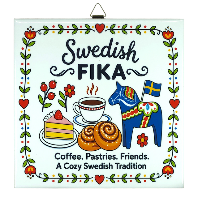 Ceramic tile featuring coffee, cake, pastries, a Swedish Dala horse, and the visible text: Swedish Fika. Coffee. Pastries. Friends.