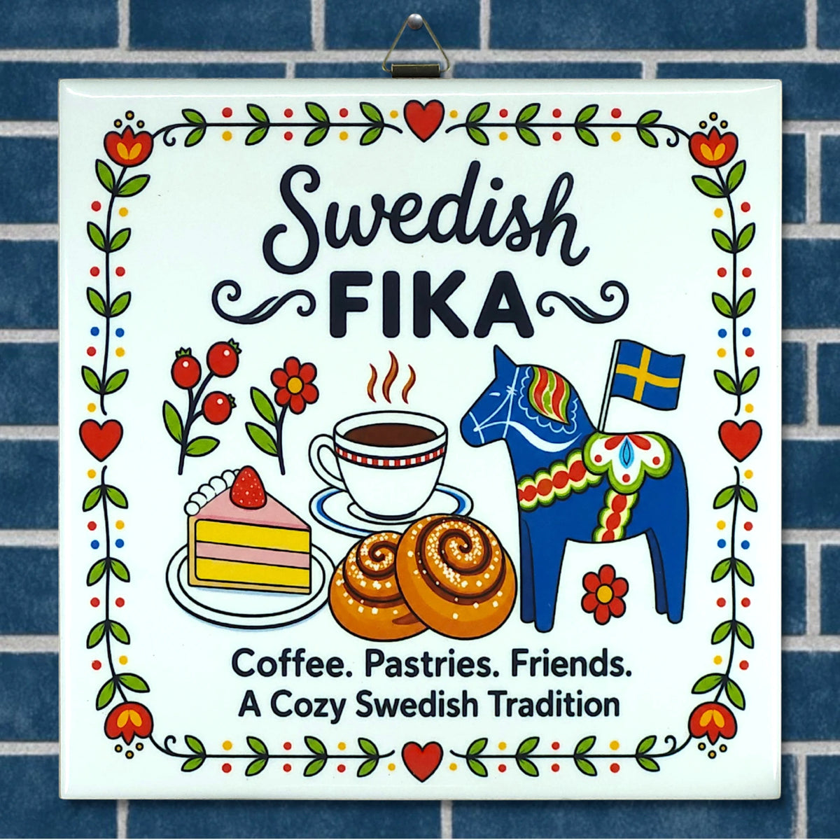 Nordic wall decor with illustrations of coffee, pastries, a blue Dala horse, Swedish flag, and text: Coffee. Pastries. Friends. A Cozy Swedish Tradition.