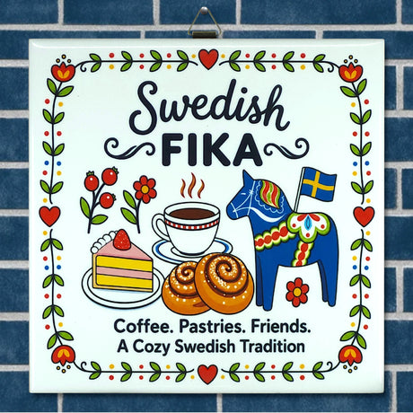 Nordic wall decor with illustrations of coffee, pastries, a blue Dala horse, Swedish flag, and text: Coffee. Pastries. Friends. A Cozy Swedish Tradition.