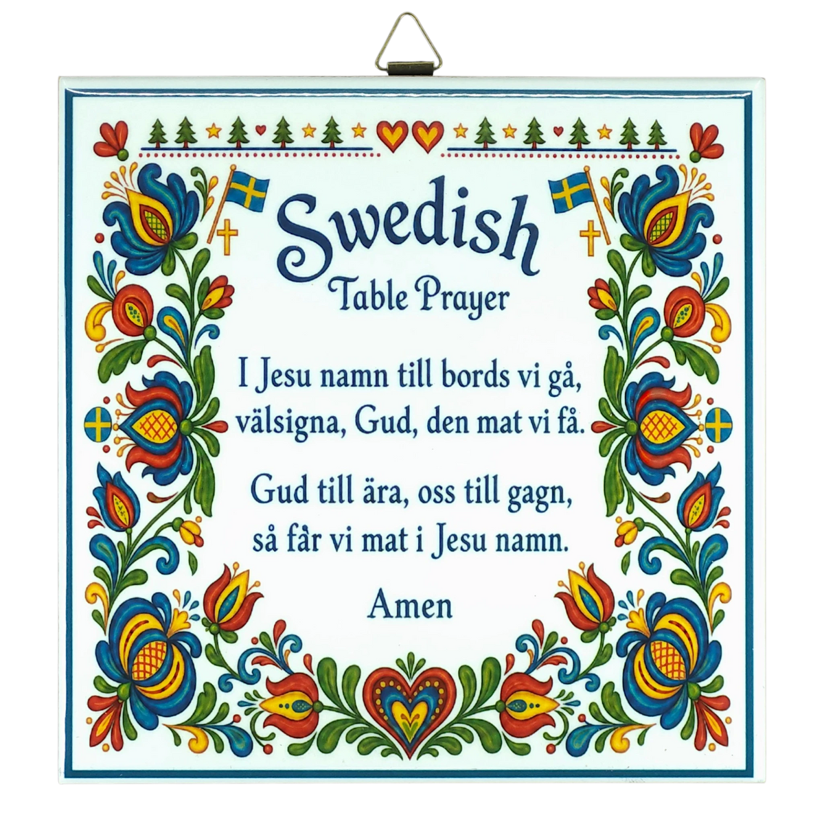 Kurbits trivet featuring floral patterns, Swedish flags, and the Swedish Table Prayer printed in both Swedish and English, ending with the word “Amen.”.