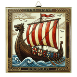 Ceramic tile showing a stylized Viking longship with a dragon head prow, red-and-white sails, visible runes, shields along the side, and waves beneath.